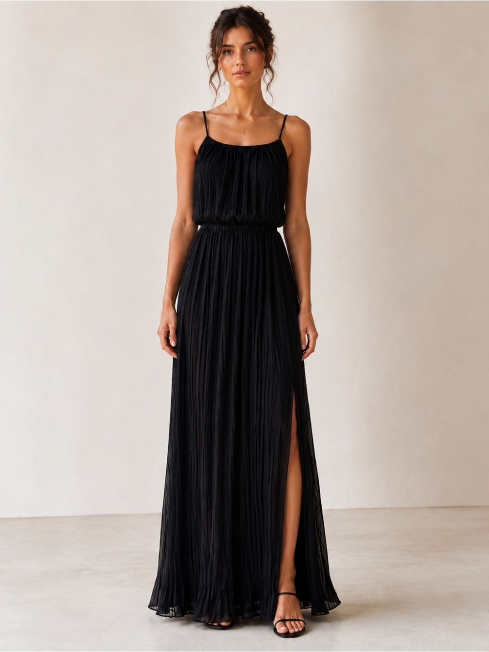 BCBGeneration Black Pleated Maxi Dress with Side Slit